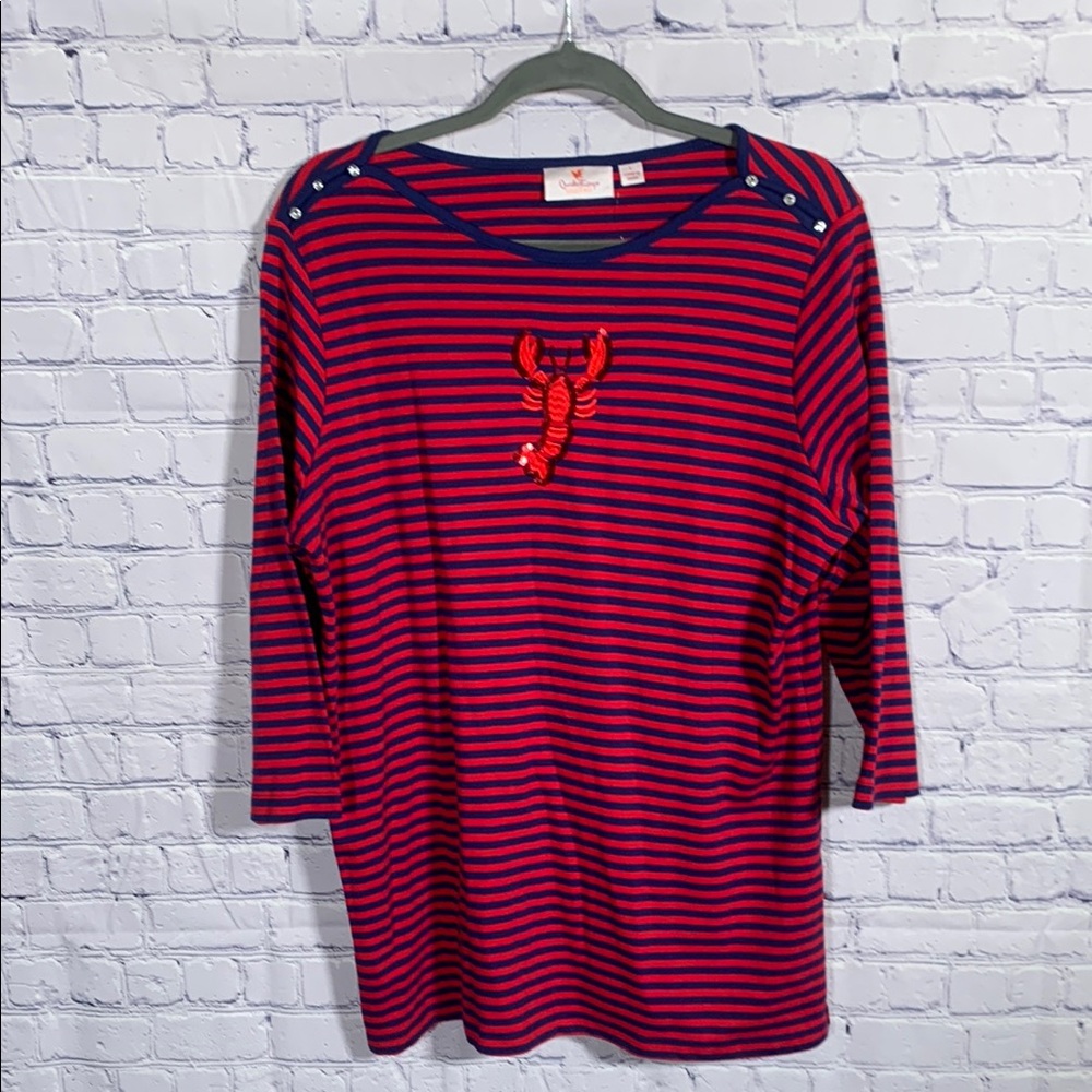 Quacker Factory Womens 3/4 Sleeve Striped Top with Sequin Lobster Accent Size L